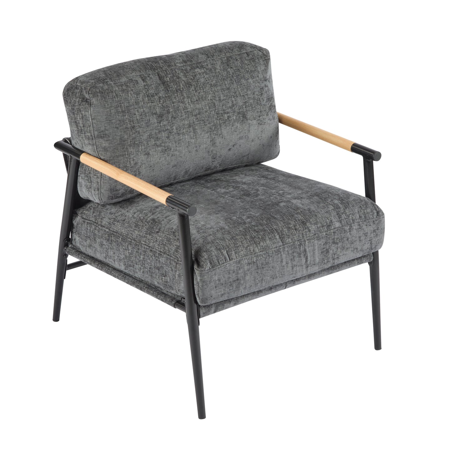 Modern Accent Chair With Plush Cushions, Minimalist Metal Frame, Wooden Armrest - Gray