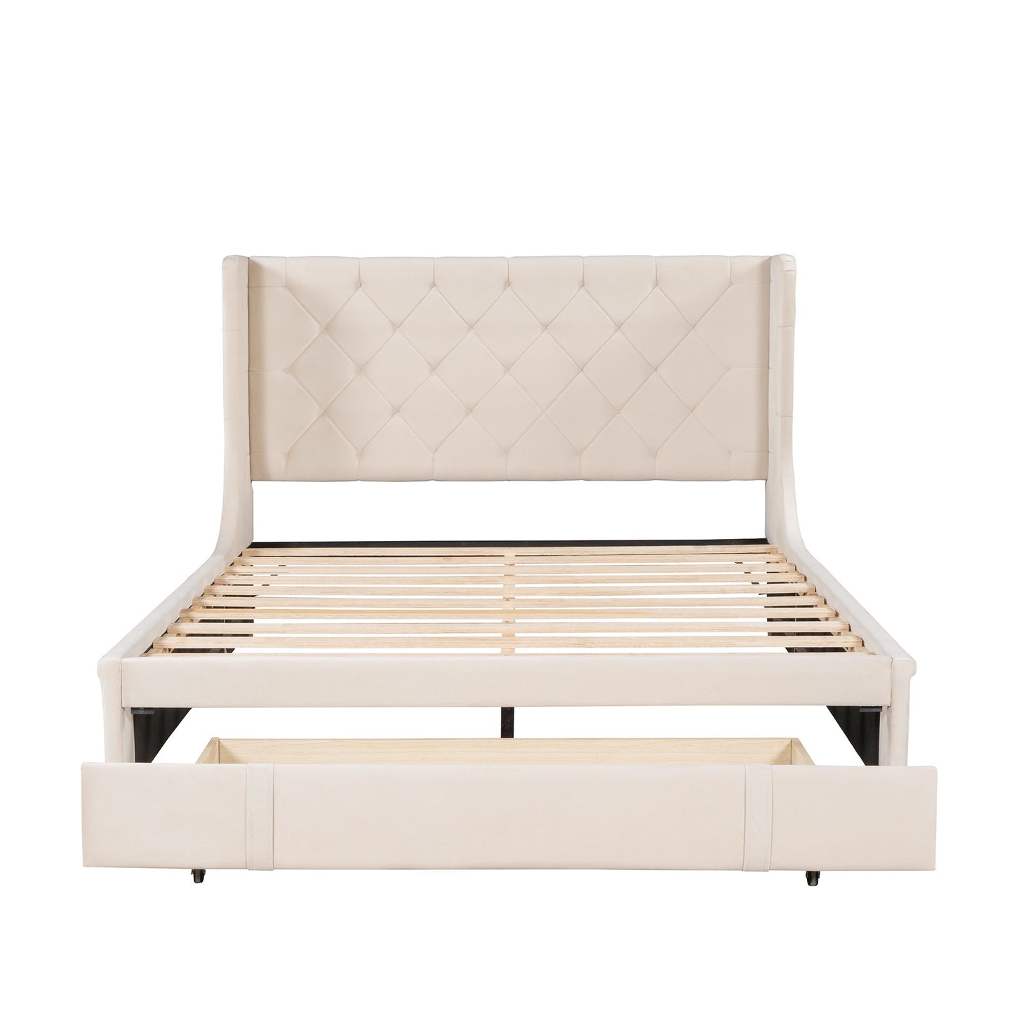 Queen Size Storage Upholstered Platform Bed With Wingback Headboard And A Big Drawer - Beige