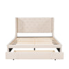Queen Size Storage Upholstered Platform Bed With Wingback Headboard And A Big Drawer - Beige