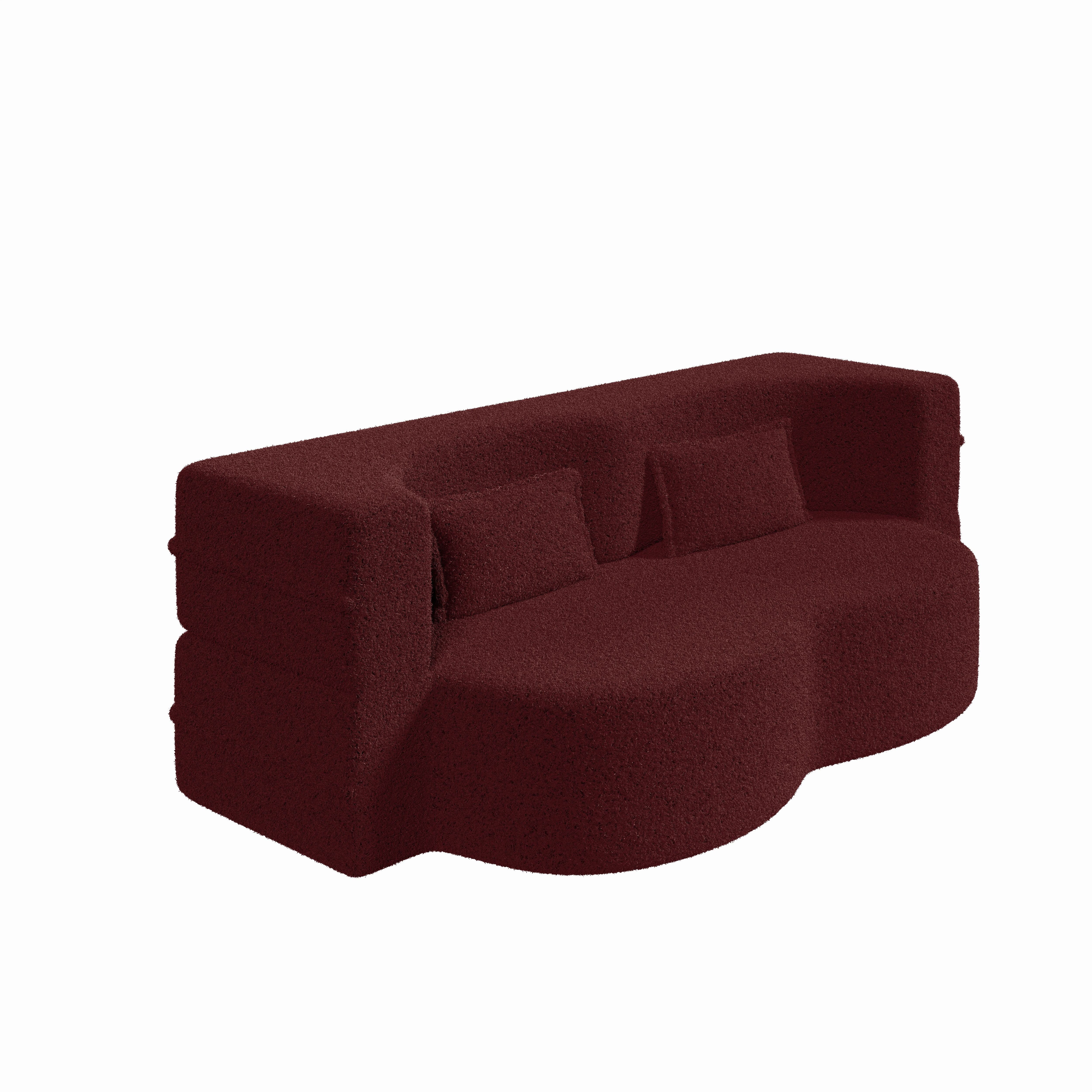 Modern Floor Sofa With 2 Pillows, Convertible Teddy Fabric Foam Filled Sleeper Sofa Bed, Full Size Folding Mattress For Living Room Guest Bed, Playroom, No Assembly Required - Burgundy