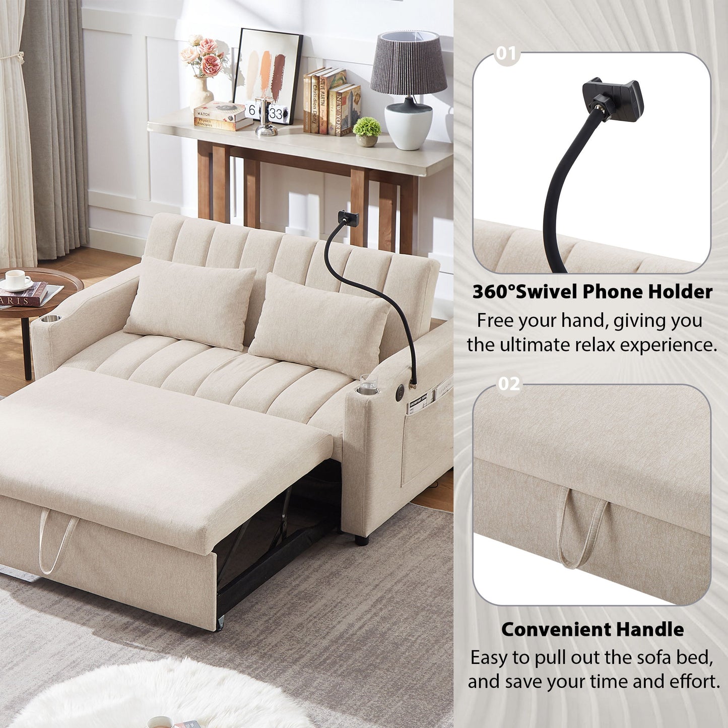 Convertible Sofa Bed Loveseat Sofa With Three USB Ports, Two Side Pockets, Two Cup Holders And 360ÔøΩÔøΩÔøΩÔøΩÔøΩÔøΩÔøΩÔøΩÔøΩÔøΩÔøΩÔøΩÔøΩÔøΩÔøΩÔøΩÔøΩÔøΩÔøΩÔøΩÔøΩÔøΩÔøΩÔøΩÔøΩÔøΩÔøΩÔøΩÔøΩÔøΩÔøΩÔøΩÔøΩ swivel Phone Holder For Living Room - Beige