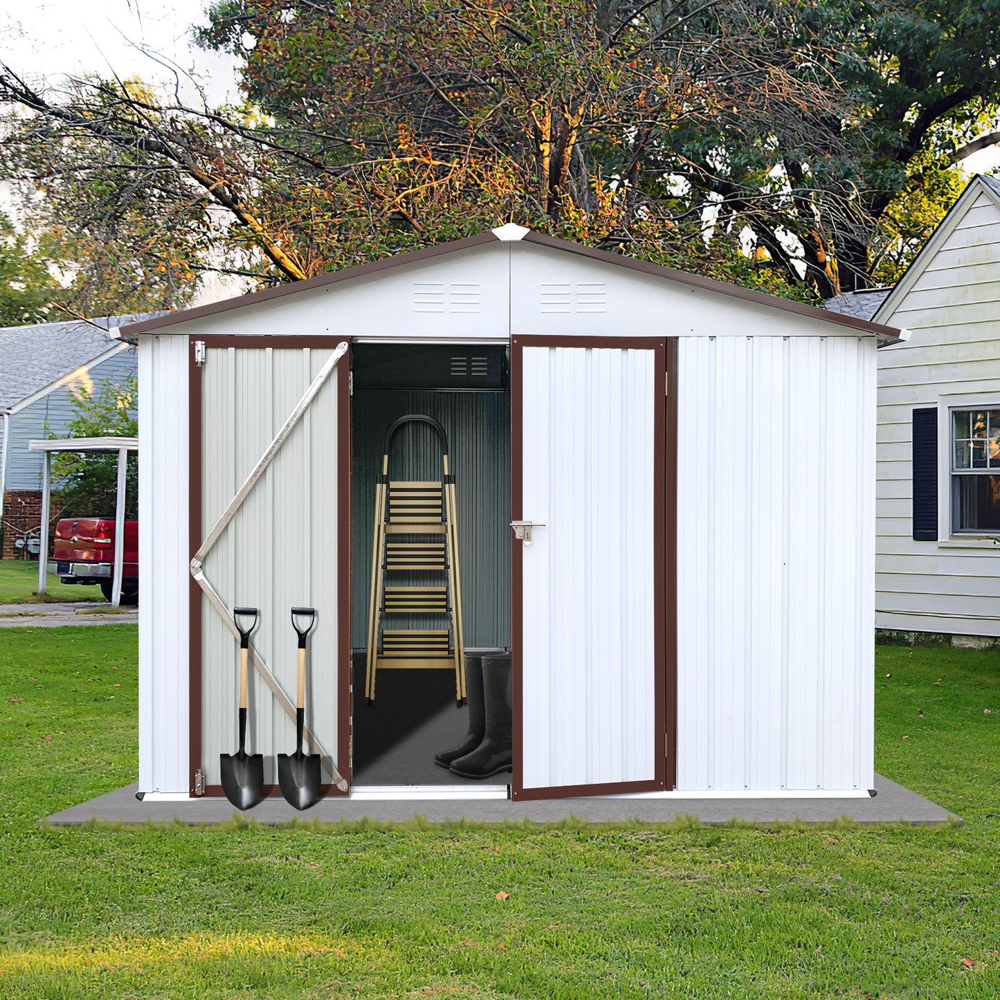 10'x8' Garden Sheds Outdoor Storage Sheds - White / Coffee