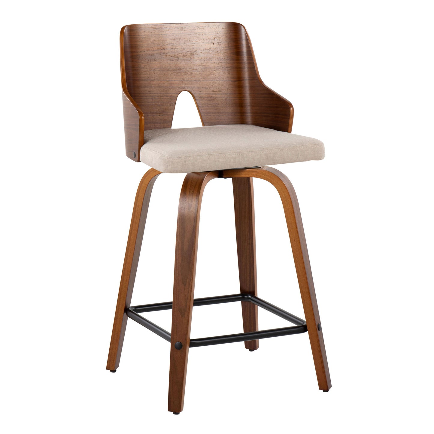 Ariana - Mid-Century Modern Fixed Height Counter Stool With Swivel Square Footrest (Set of 2) - Walnut / Beige