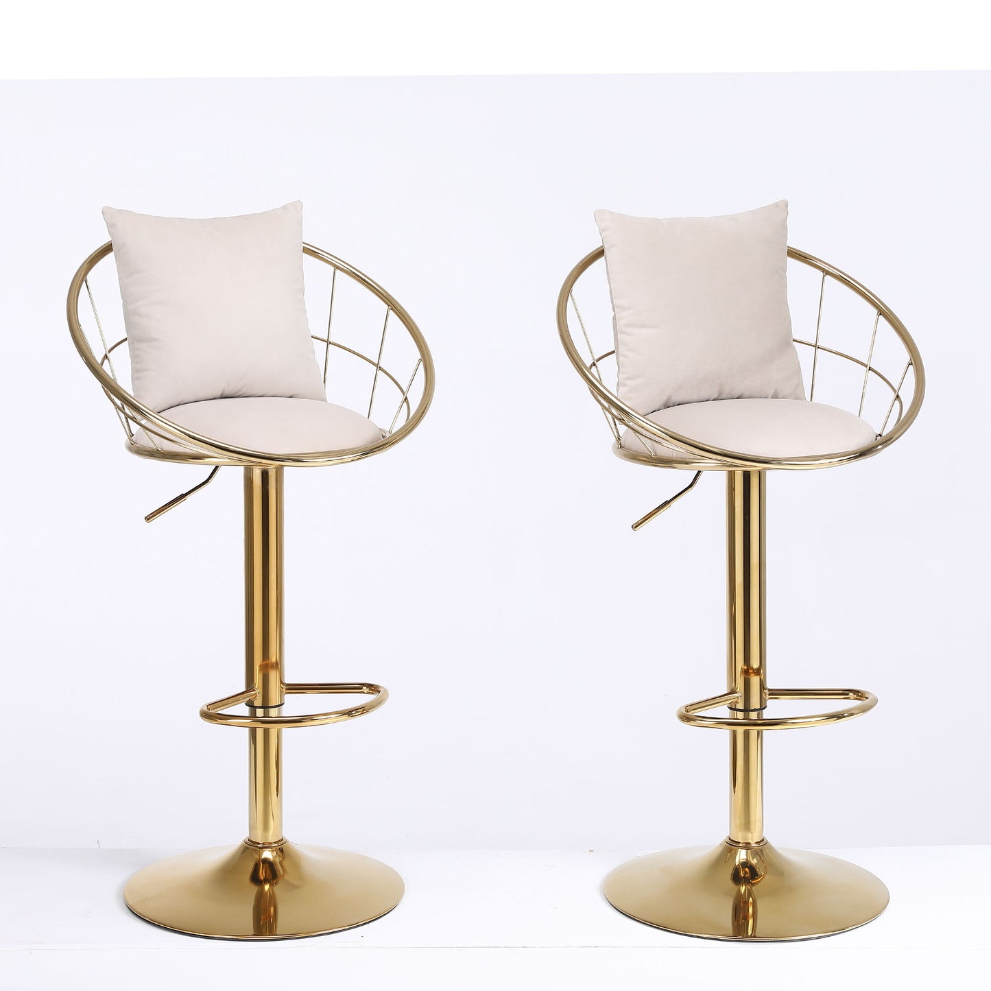 Velvet Bar Chair, Pure Gold Plated, Unique Design, 360 Degree Rotation, Adjustable Height, Suitable For Dining Room And Bar, (Set of 2) - Off White