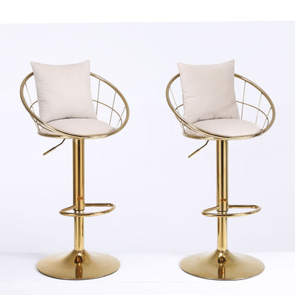 Velvet Bar Chair, Pure Gold Plated, Unique Design, 360 Degree Rotation, Adjustable Height, Suitable For Dining Room And Bar, (Set of 2) - Off White