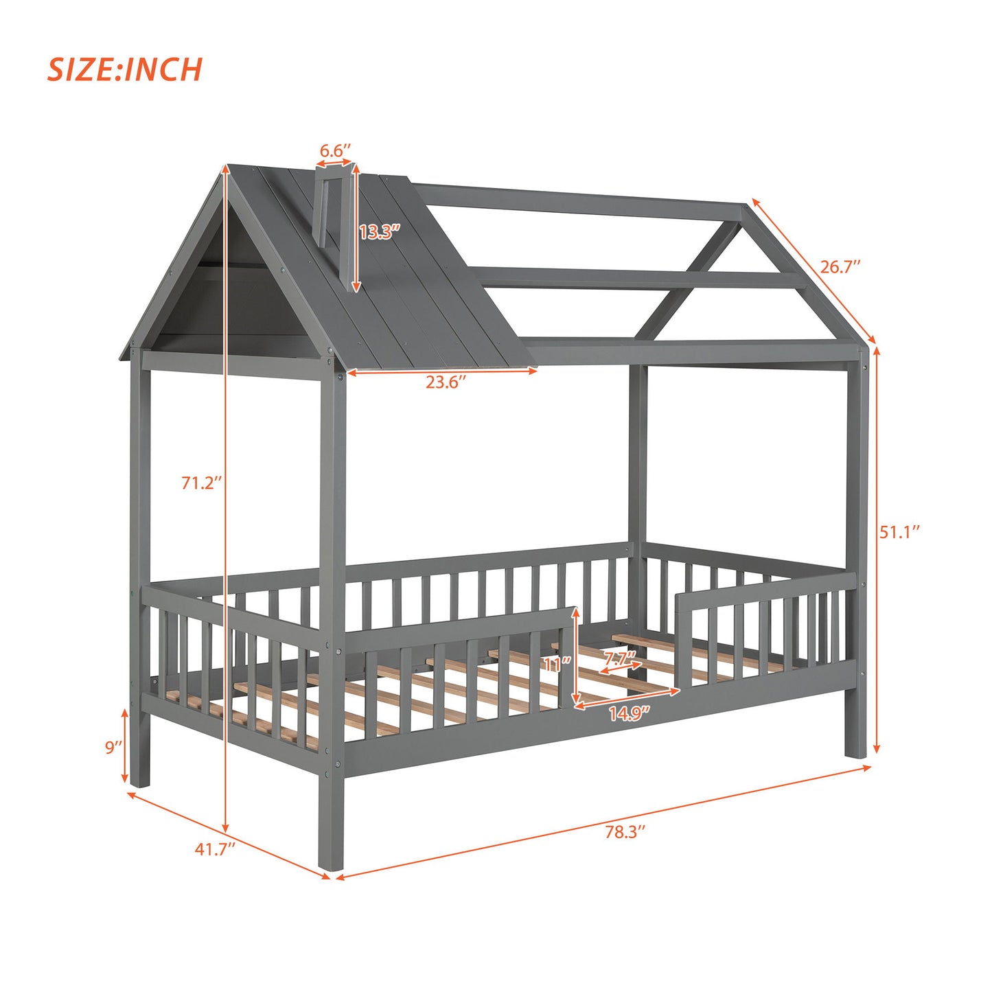 Twin Size House Bed With Fence - Gray