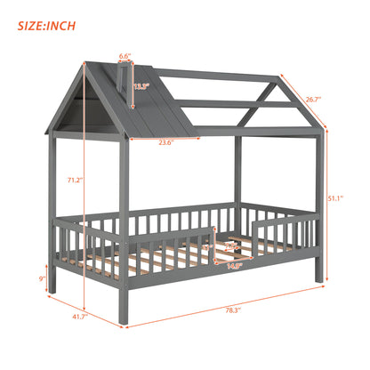 Twin Size House Bed With Fence - Gray