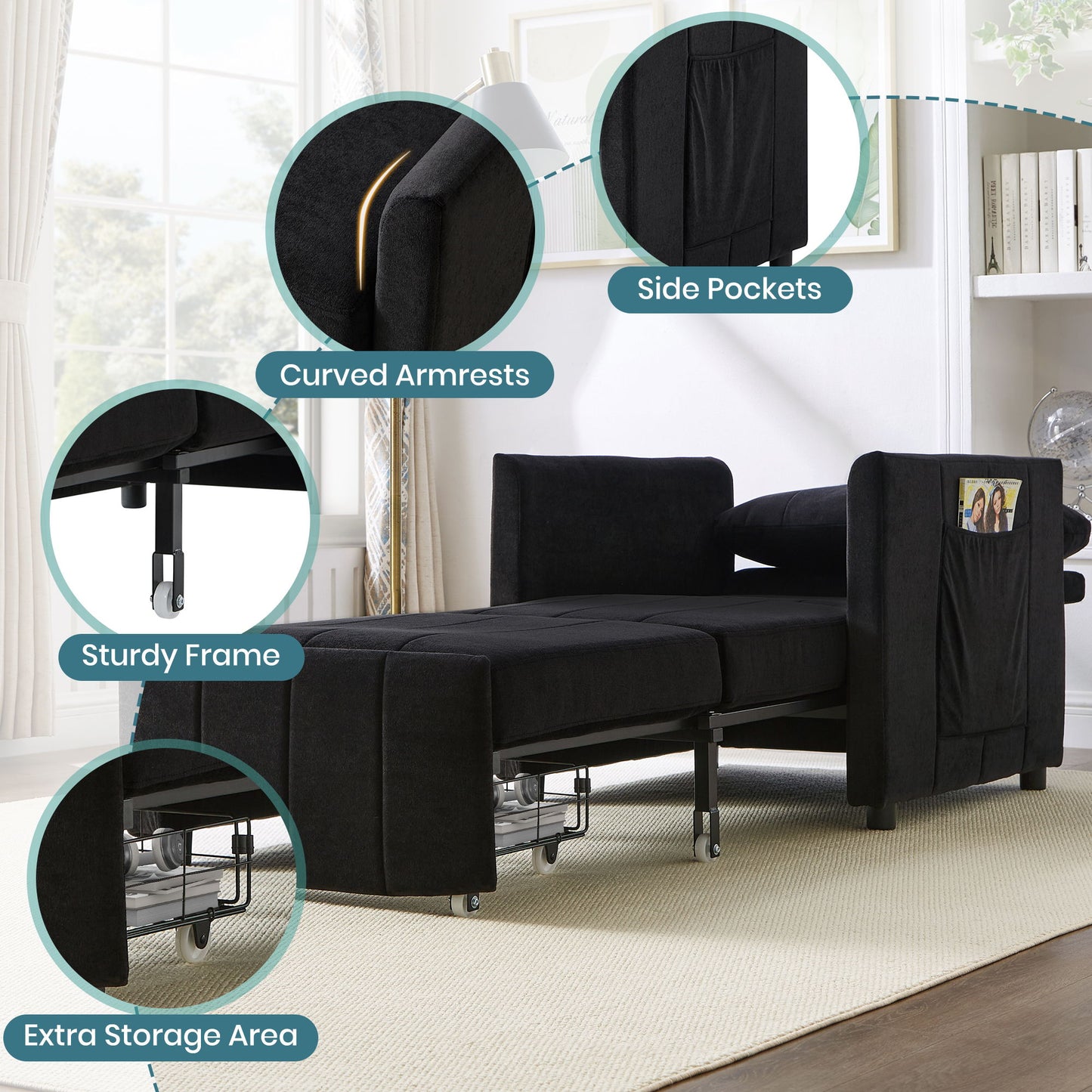 Upholstered Convertible Sleeper Sofa With 5 Position Backrest, Side Pockets, Storage - Black