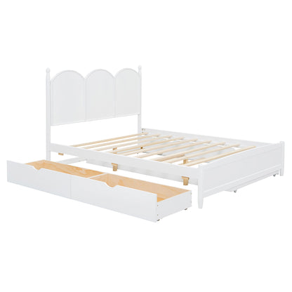 Queen Size Platform Bed With With 2 Big Drawers, Twin Long Size Trundle - White