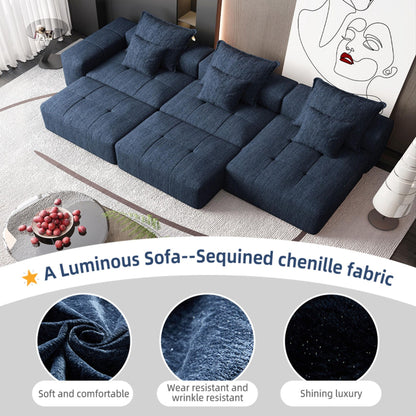 Modern Oversized Modular Sectional Sofa, Sparkling Chenille Fabric Soft Cushion Sofa With 6 Pillows, 6 Pieces Diy Combination Tufted Sofa, No Assembly Required - Blue