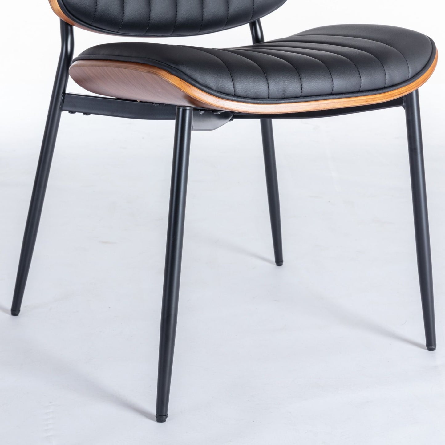 Dining Chairs Mid-Century Modern Retro Faux Leather Chair With Walnut Bentwood Back Upholstered Seat Metal Legs Adjustable Foot For Kitchen Dining Room Chairs (Set of 2) - Black