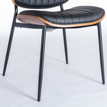Dining Chairs Mid-Century Modern Retro Faux Leather Chair With Walnut Bentwood Back Upholstered Seat Metal Legs Adjustable Foot For Kitchen Dining Room Chairs (Set of 2) - Black