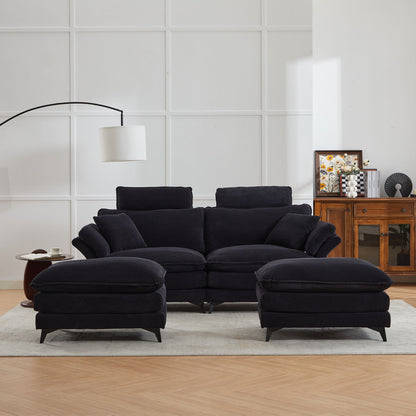 Modern Corduroy, Deep Seat Sectional Sofa With Ottomans, Comfortable Cloud Sofa - Black