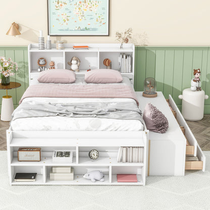 Full Bed With Bookcase Headboard, Under Bed Storage Drawers And Bed End Storage Case - White