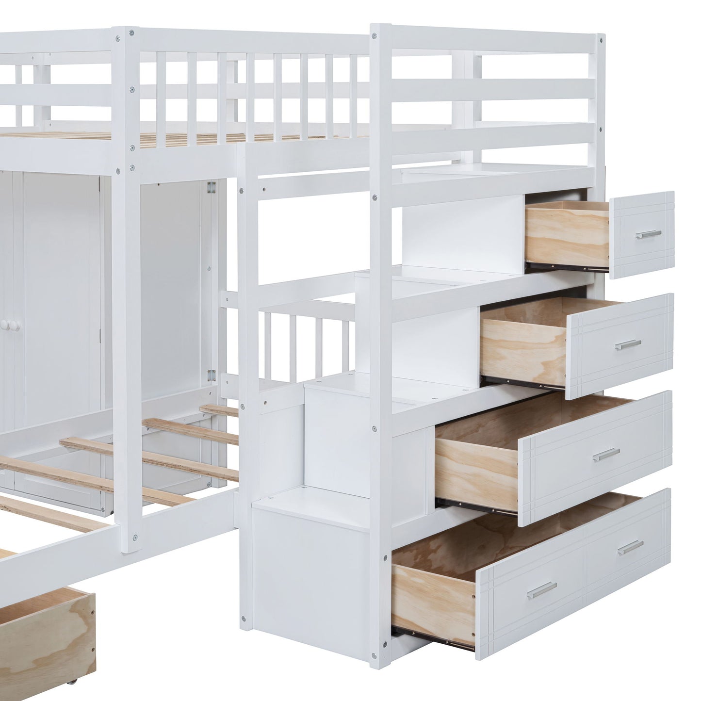 Full Over Twin Bunk Bed With Wardrobe, Drawers - White