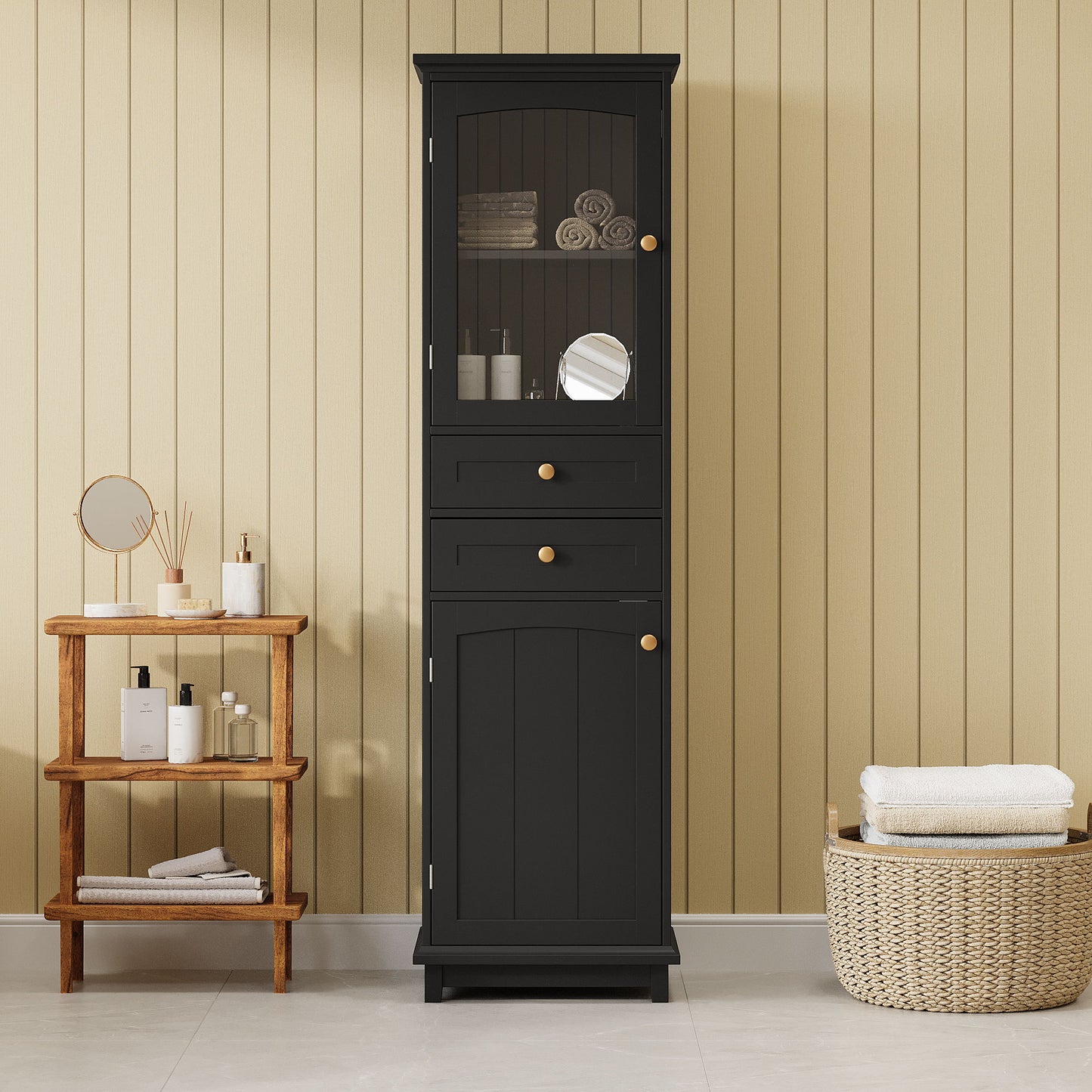 Tall Bathroom Storage Cabinet With Glass Doors, Free-Standing, Two Drawers, And Adjustable Shelves, MDF Board, Painted Perfect For Displaying Your Favorite Items - Black