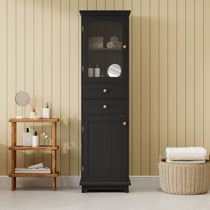 Tall Bathroom Storage Cabinet With Glass Doors, Free-Standing, Two Drawers, And Adjustable Shelves, MDF Board, Painted Perfect For Displaying Your Favorite Items - Black