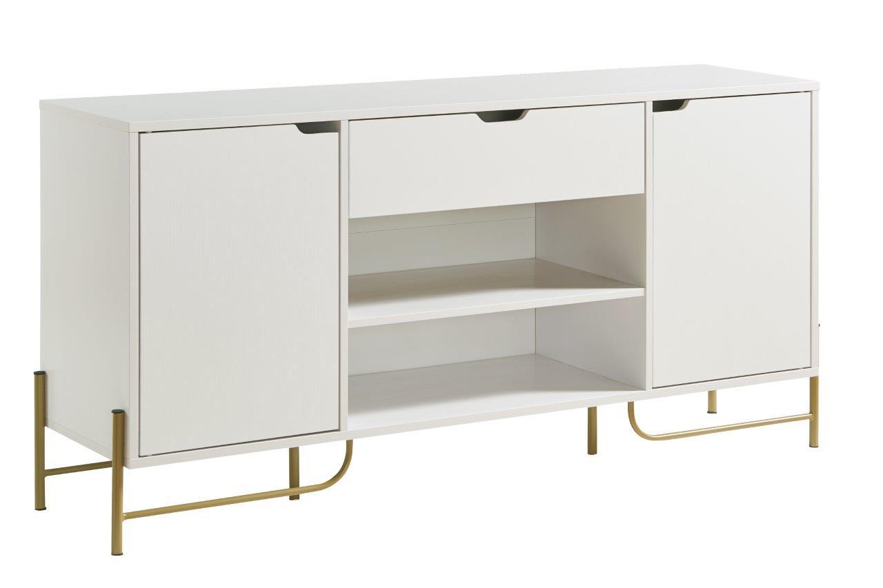 Buffet With Two Cabinets One Drawer With Six Shelves On Metal Legs - White / Gold