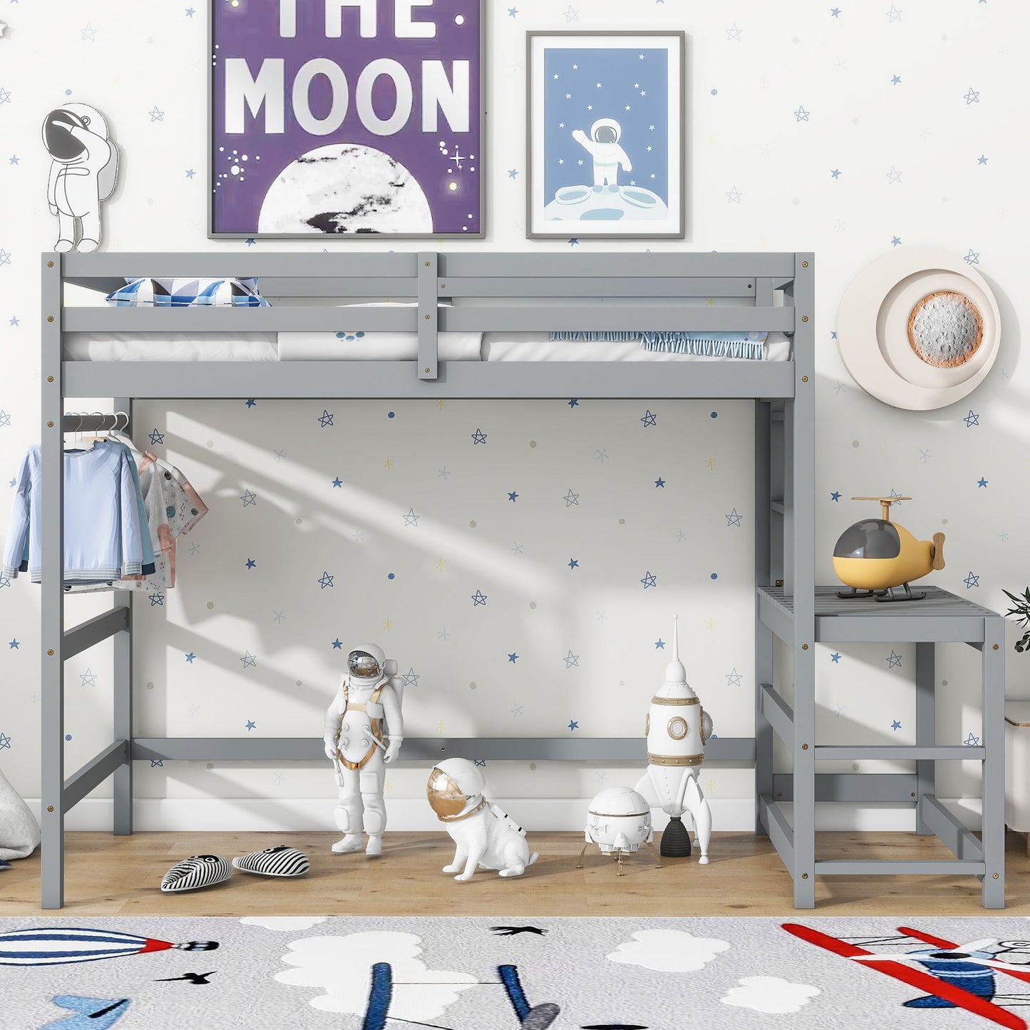 Twin Size High Loft Bed With Ladder Landing Platform, Ladders, Guardrails - Gray