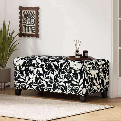 Luxury Storage Ottoman With Floral Patterned Fabric, Soft Close Hinges, Multi Functional Footrest & Seat - Black Floral / White