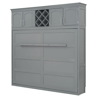 Queen Size Murphy Wall Bed With Top Cabinets & Wine Rack - Gray