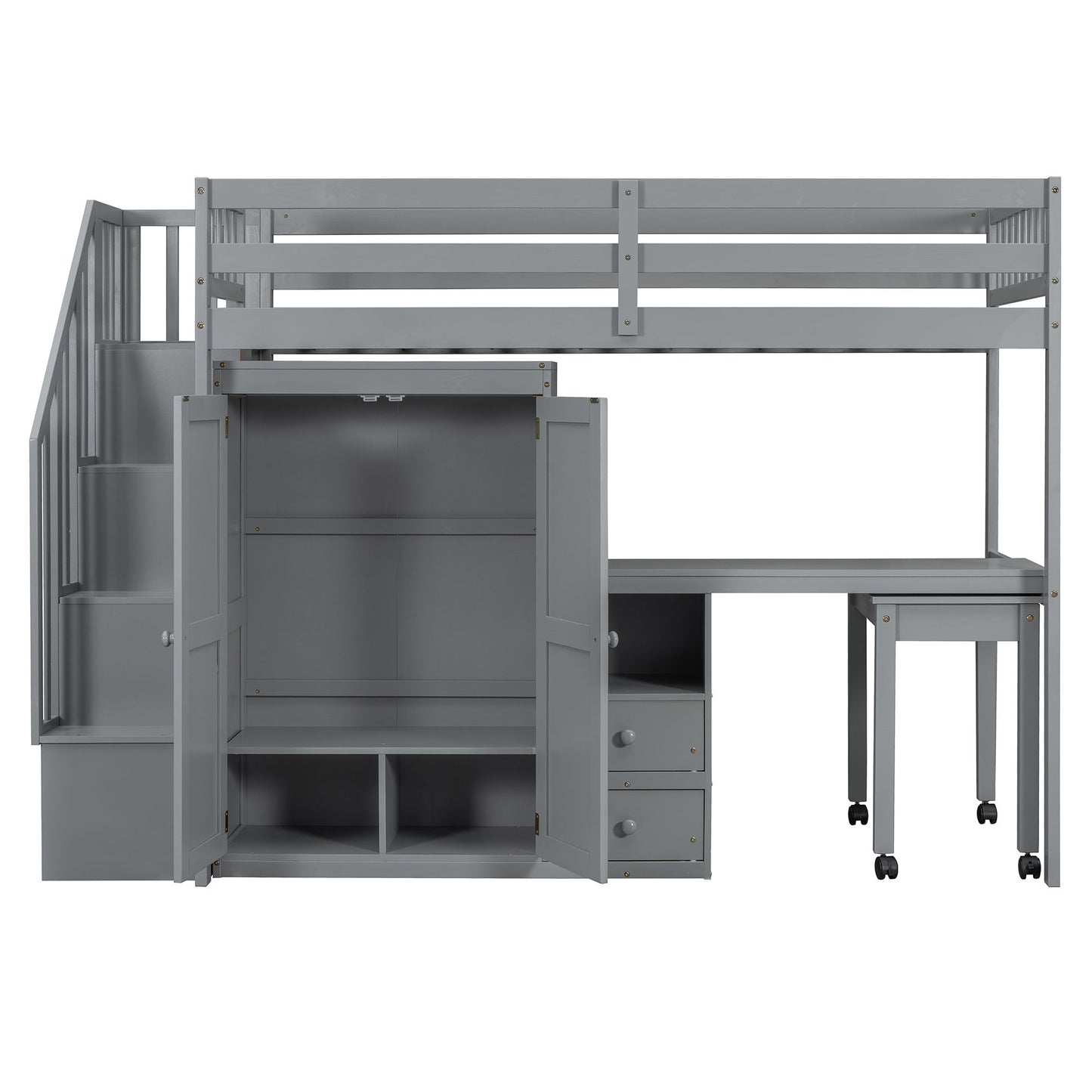 Twin Size Loft Bed With Stairs, Bookshelf, Drawers, Desk & Wardrobe, Space Saving Multifunctional Furniture - Gray