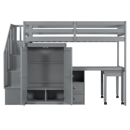 Twin Size Loft Bed With Stairs, Bookshelf, Drawers, Desk & Wardrobe, Space Saving Multifunctional Furniture - Gray
