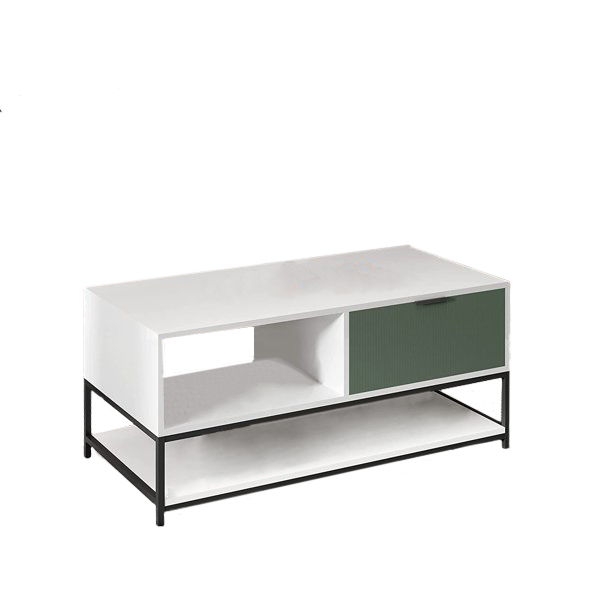 Watson - Wood Coffee Table Steel Frame With Shelves And Drawer - White And Green