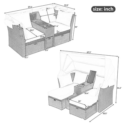 2 Seater Outdoor Patio Daybed Outdoor Double Daybed Outdoor Loveseat Sofa Set With Foldable Awning And Cushions For Garden, Balcony, Poolside - Gray