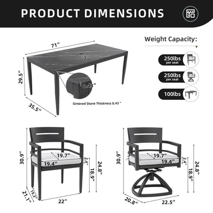 7 Pieces Modern Outdoor Patio Dining Set, Rectangular Table, 4 Chairs & 2 Swivel Rockers, Sunbrella Cushions - Ember Black