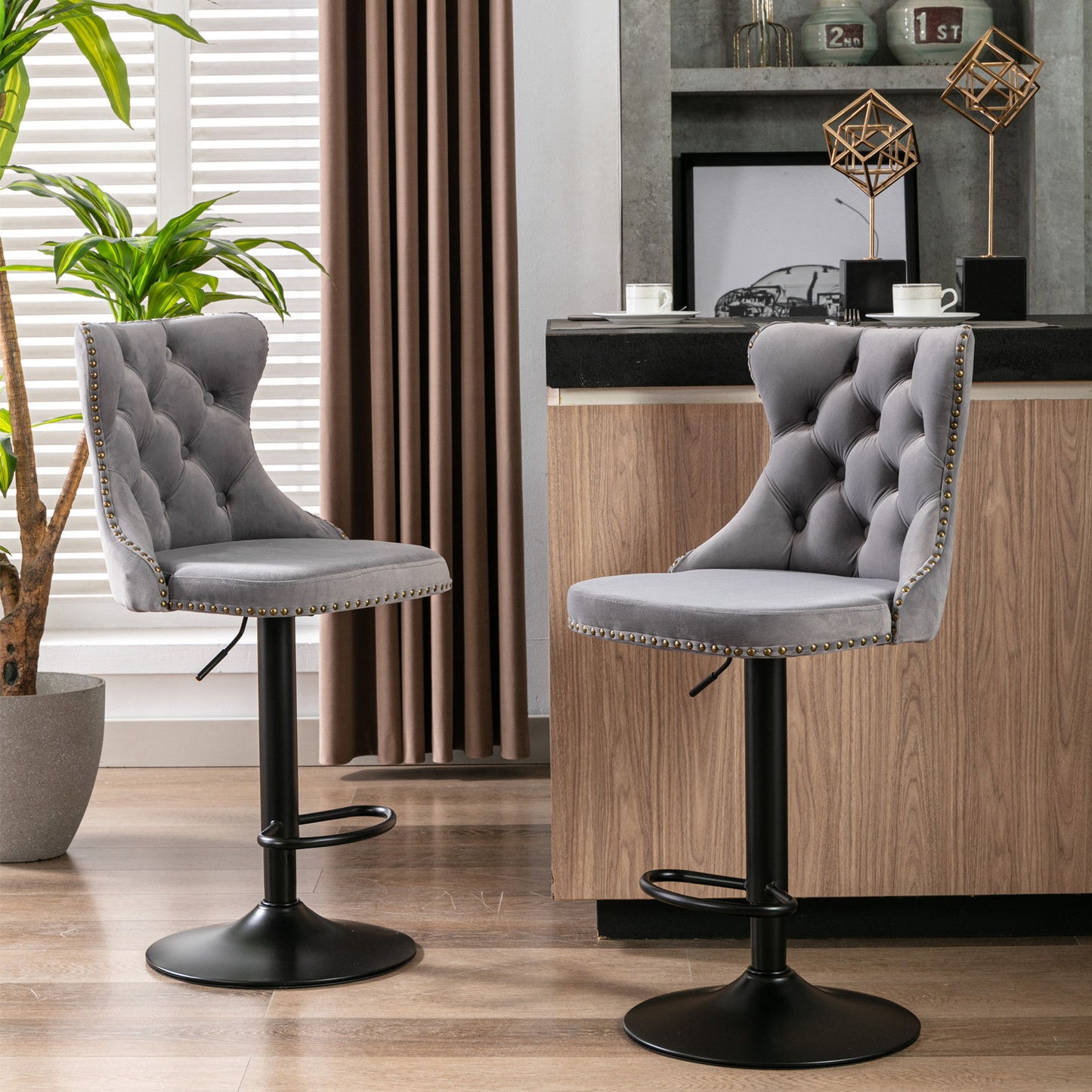 Swivel Velvet Barstools Adjusatble Seat Height , Modern Upholstered Bar Stools With Backs Comfortable Tufted For Home Pub And Kitchen Island (Set of 2) - Gray