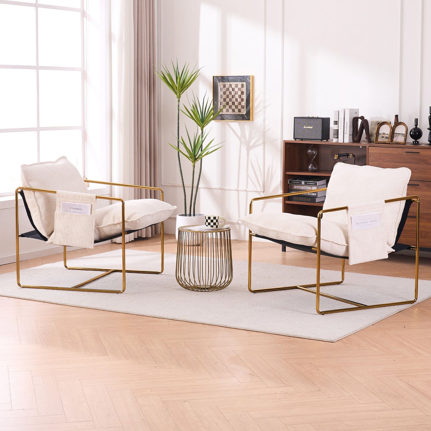 Upholstered Hanging Armchair With Arm Pocketsmetal Frame, Gold-Plated Craftsmanship, Crushed Foam Cushions And Skin-Friendly Woven Fabric For Living Room (Set of 2) - Beige