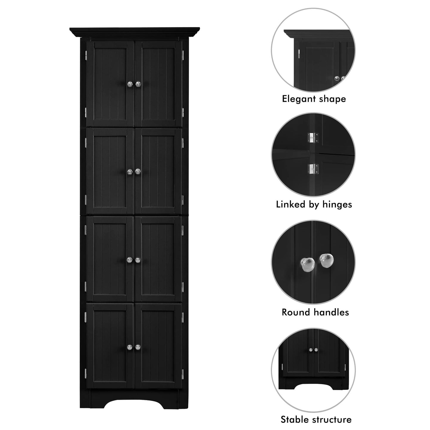 Tall Storage Cabinet With Doors And 4 Shelves For Living Room, Kitchen, Office, Bedroom, Bathroom, Modern - Black