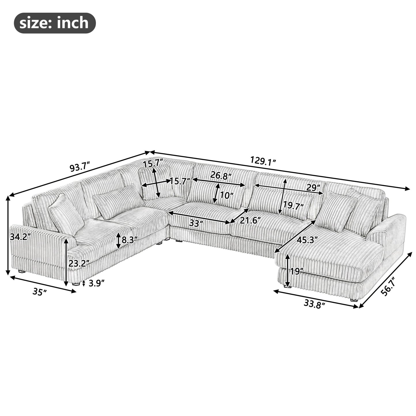 Oversized Sectional Sofa U - Shaped Sofa Couch Modern Sofa Upholstered In Soft Corduroy With A Chaise Lounge For Living Room - Beige