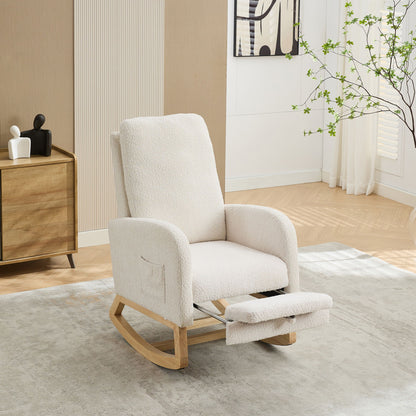 Rocking Chair For Nursery, High Back Glider With Retractable Footrest, Boucle Upholstery, Rubber Wood Legs - Ivory