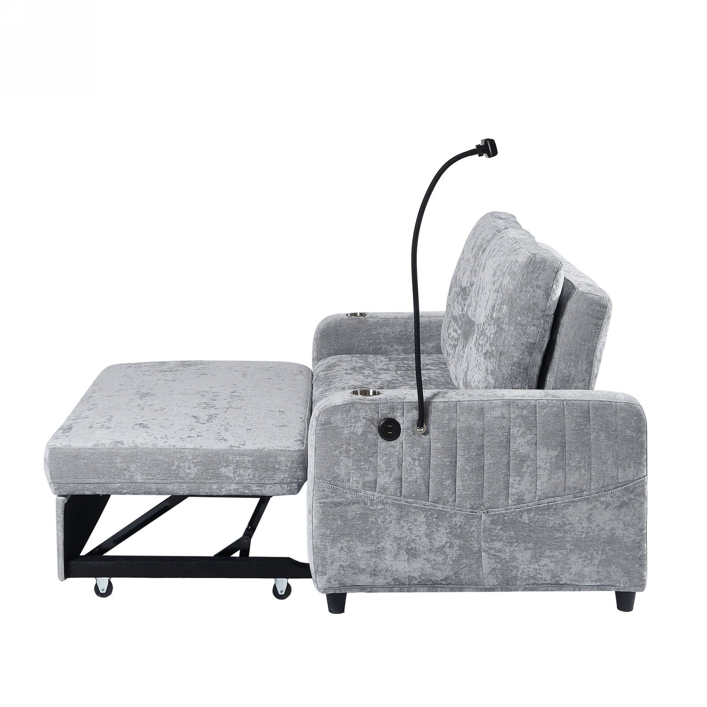 Modern Loveseat Pull Out Sofa Bed With Adjustable Backrest, Two Cup Holders, A Phone Holder, Three Charging Ports And Side Storage Pockets For Living Room - Gray