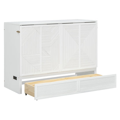 Full Size Murphy Bed With Large Drawer, USB Ports And Outlets - White