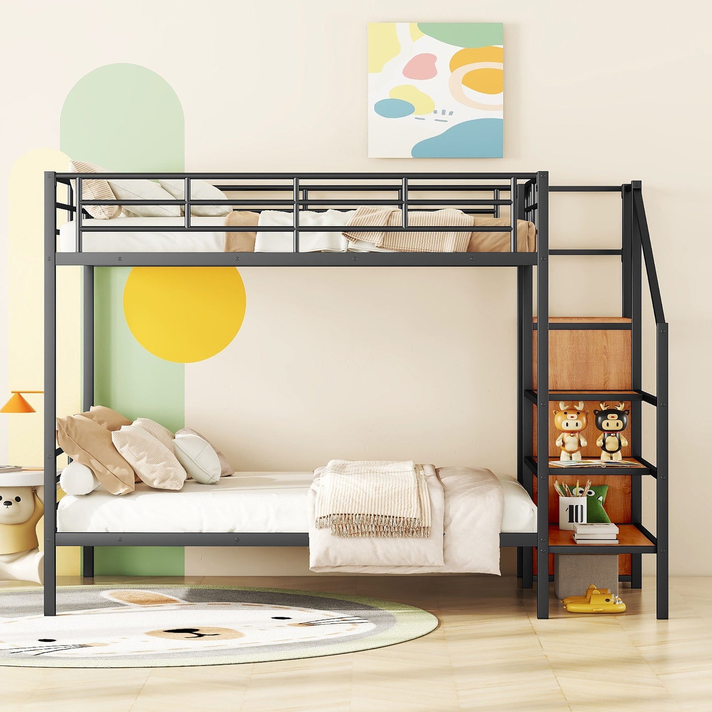 Full Over Full Bunk Bed With Lateral Storage Ladder And Wardrobe - Black