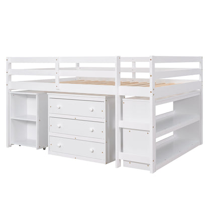 Full Loft Low Study Bed With Cabinet, Shelves And Rolling Portable Desk, Multiple Functions - White