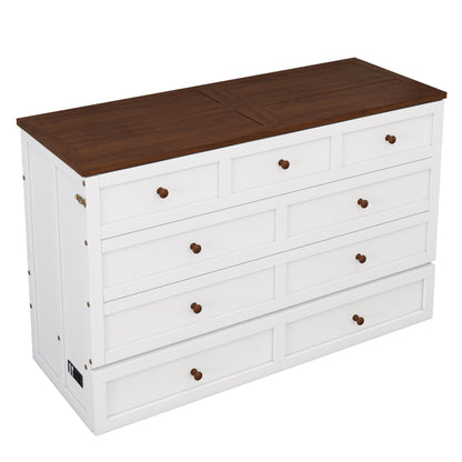 Queen Solid Pine Murphy Bed Chest With Charging Station And Large Storage Drawer For Home Office Or Small Room - White / Walnut