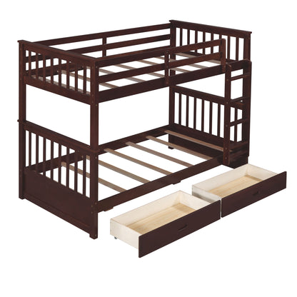 Twin Over Twin Bunk Bed With Ladders And 2 Storage Drawers - Espresso