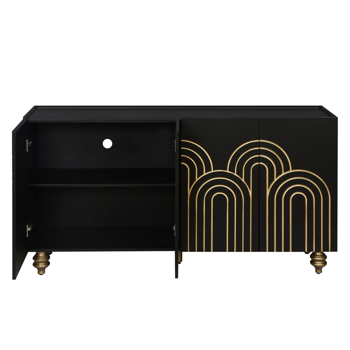 4 Door Cabinet Modern Fluted Sideboard Buffet With Storage, Curve Element With Strict Lines - Black
