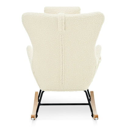 Rocking Chair Nursery, Teddy Upholstered Rocker Glider Chair With High Backrest, Adjustable Headrest & Pocket, Comfy Glider Chair For Nursery, Bedroom, Living Room, Offices, Rubber Wood - Beige