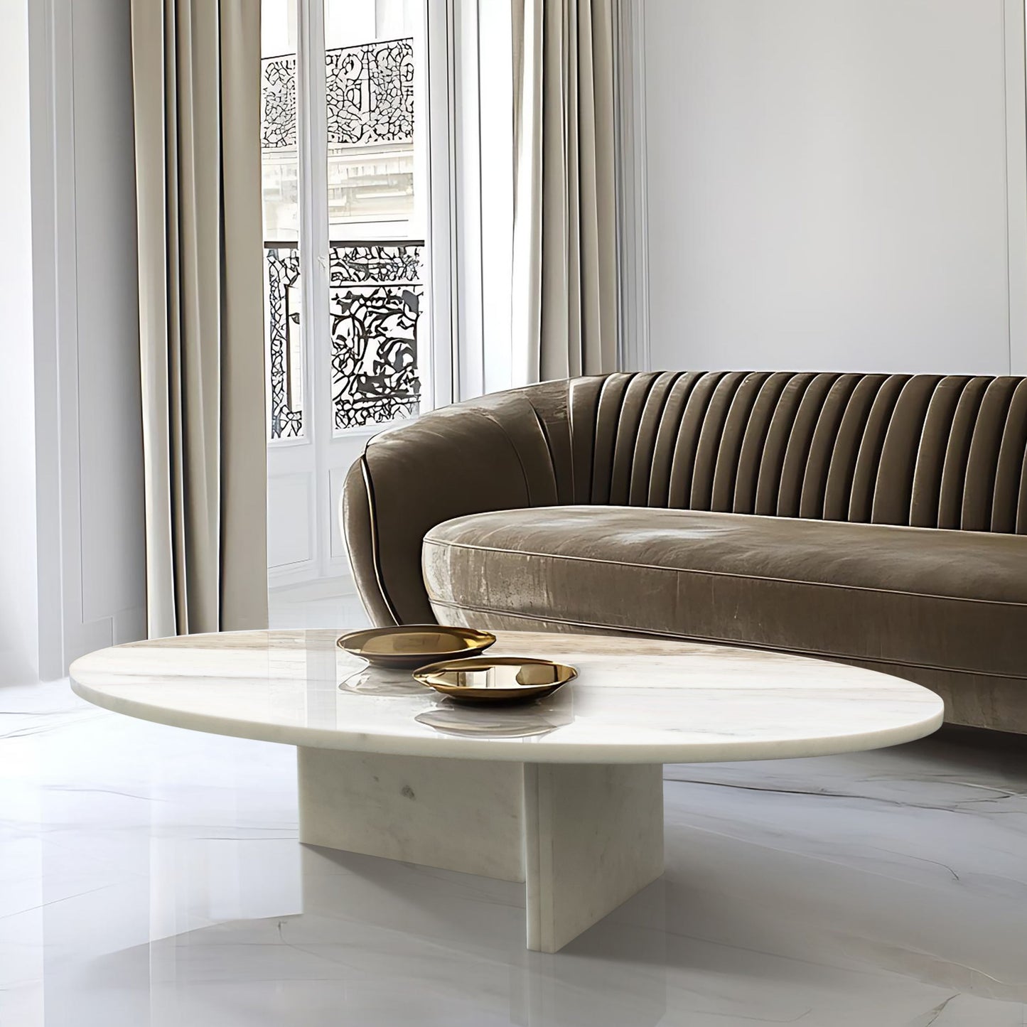 Snow Mountain Marble Coffee Table, Living Room Table, Unique Stone Design - White / Natural