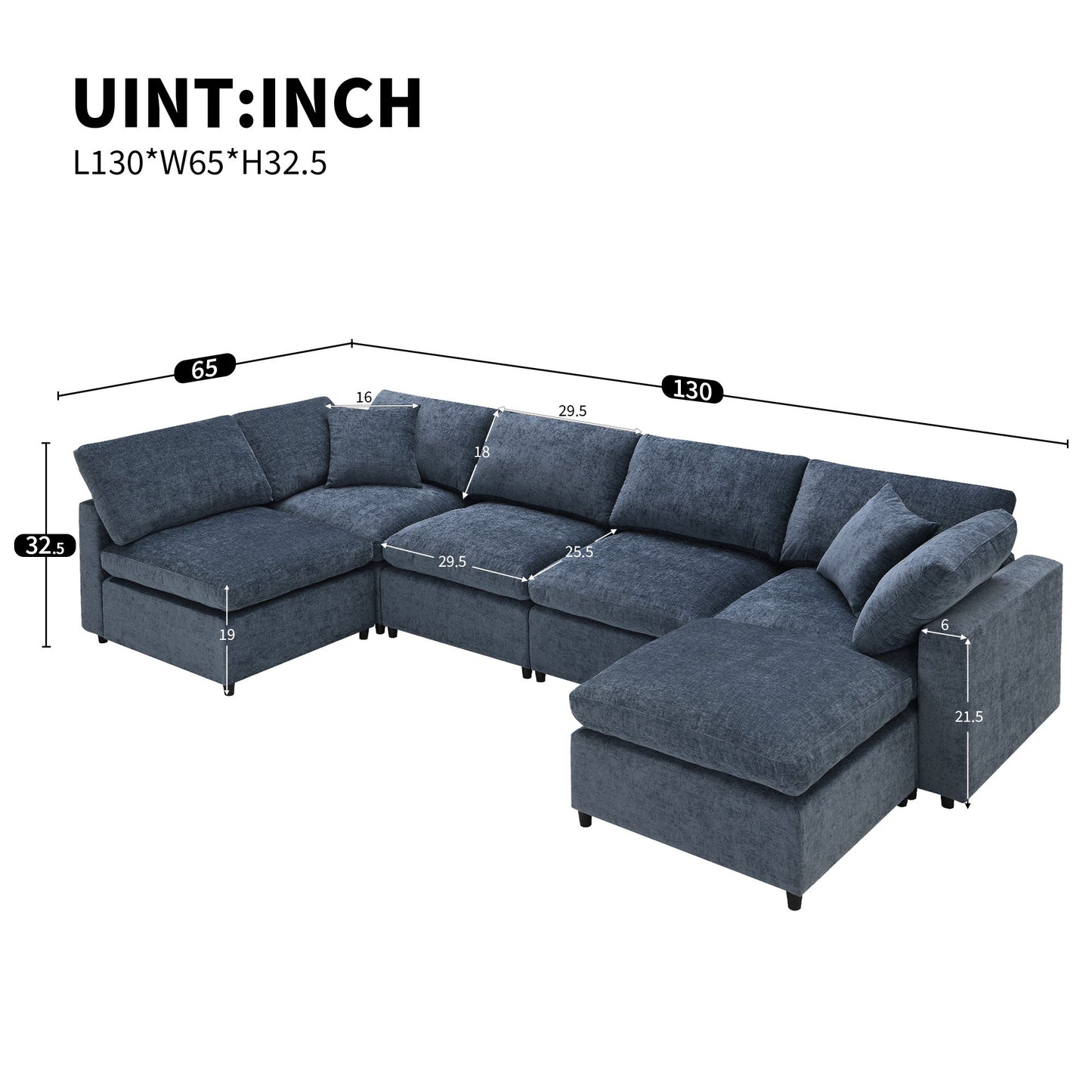 Modern Modular Cloud Sofa Bed, 6 Seat Chenille Sectional Couch Set With Ottoman, Free Combination, Convertible U Shaped Sleeper Sofa - Dark Blue