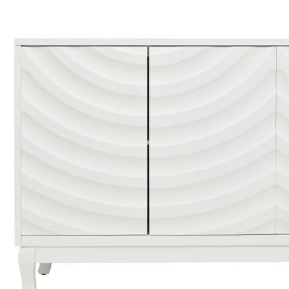 Elegant Sideboard With Sophisticated Wavy Pattern Doors And Arched Groove Design In A Stylish 4 Door Layout, Adjustable For Study, Entryway And Living Room - White