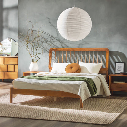Mid-Century Modern Solid Wood Queen Spindle Bed - Caramel
