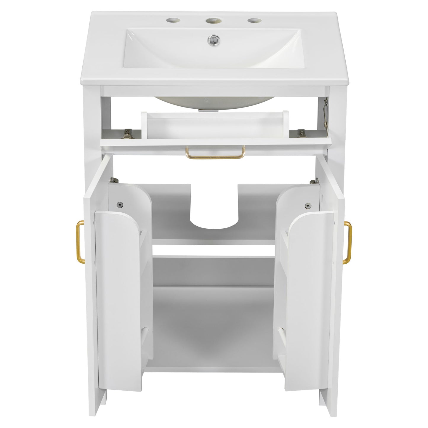 Bathroom Vanity Combo With Ceramic Sink, Luxurious Space-Saving Vanity, 2 Soft-Close Doors - Gold / White