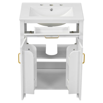 Bathroom Vanity Combo With Ceramic Sink, Luxurious Space-Saving Vanity, 2 Soft-Close Doors - Gold / White