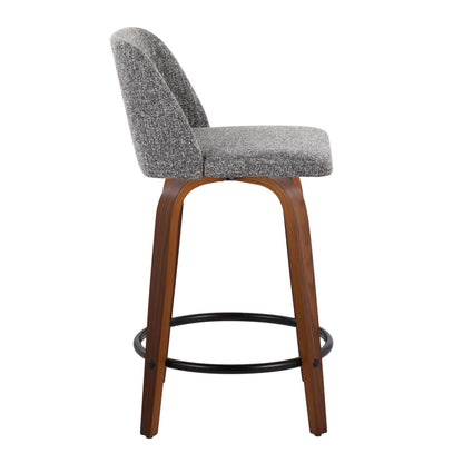 Toriano - Mid-Century Modern Fixed Height Counter Stool With Swivel And Round Footrest (Set of 2) - Walnut / Gray